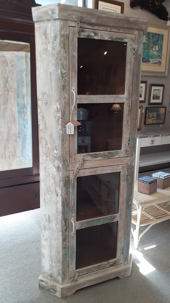 NEW Distressed White Reclaimed Corner Storage Cabinet with Glass Doors - MDA-116a