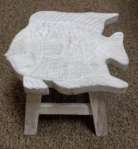 NEW Hand Carved Fish Stool - Whitewash - STFH-11W