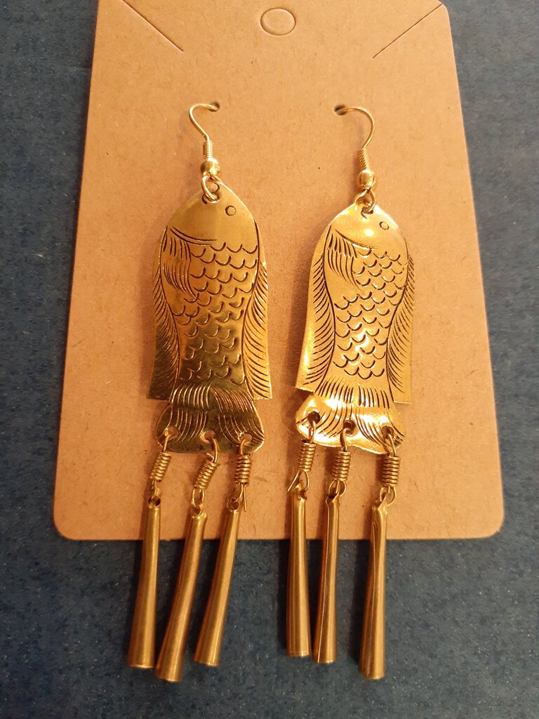 NEW Earrings - Stamped Metal Tassel Fish Gold