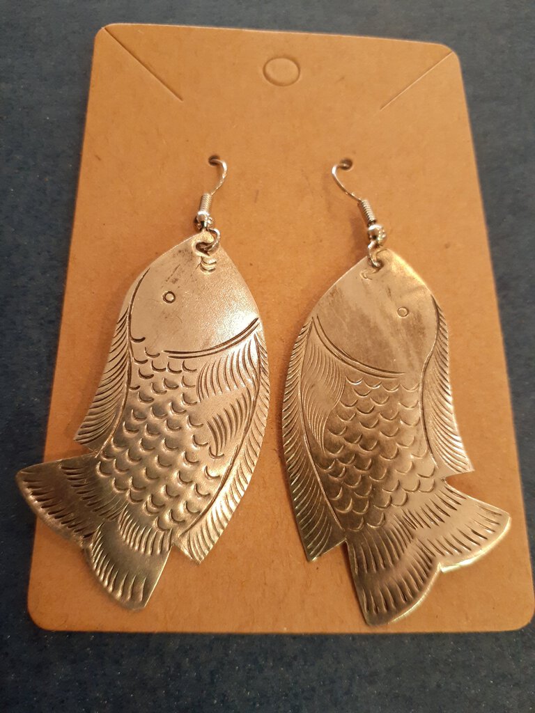 NEW Earrings - Stamped Metal Textured Fish Silver