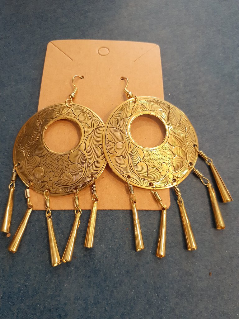 NEW Earrings - Stamped Metal Tassel Circle Gold