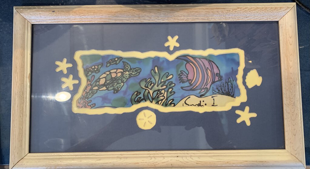 Framed Watercolor Turtle & Fish Cutout -Mexico-Signed