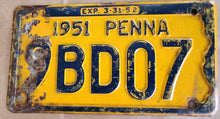 Load image into Gallery viewer, PAIR 1951 Pennsylvania License Plates - 9BD07

