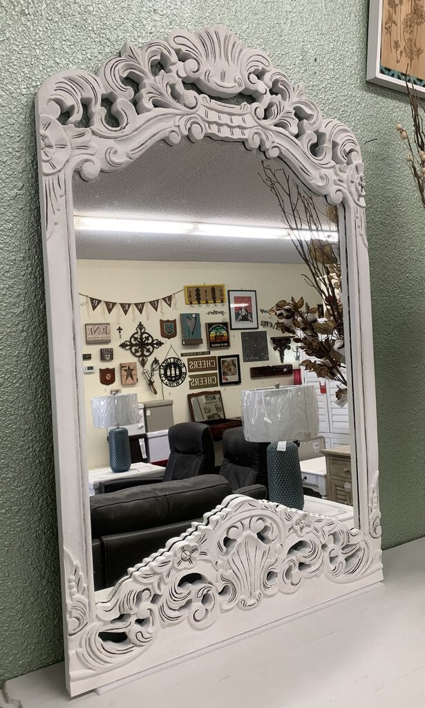 Distressed White Vintage Hand-Painted Mirror