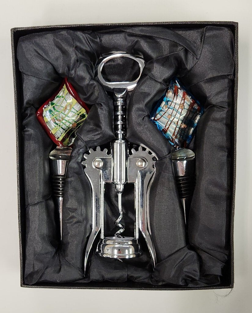 NEW Gift Set: Corkscrew & Two Art Glass Bottle Stoppers 656012