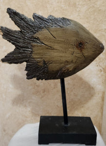 PAIR Distressed Wood Style Resin Fish on Pedestal - As Found