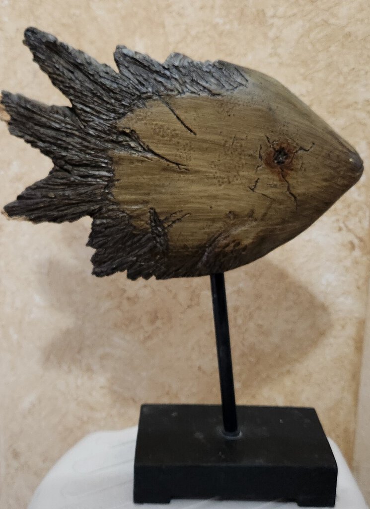 PAIR Distressed Wood Style Resin Fish on Pedestal - As Found