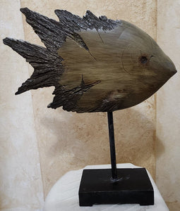 PAIR Distressed Wood Style Resin Fish on Pedestal - As Found