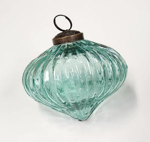 NEW Blue Ribbed Glass Ornament