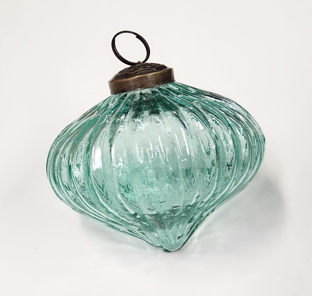 NEW Blue Ribbed Glass Ornament