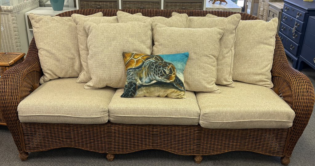 Pecan Wicker Sofa w/Beige Cushions & Pillows