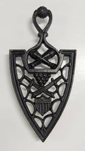 Load image into Gallery viewer, Cast Iron President Adams Trivet Floyd Jones Vintage #9-19 Cannons Swords Shield
