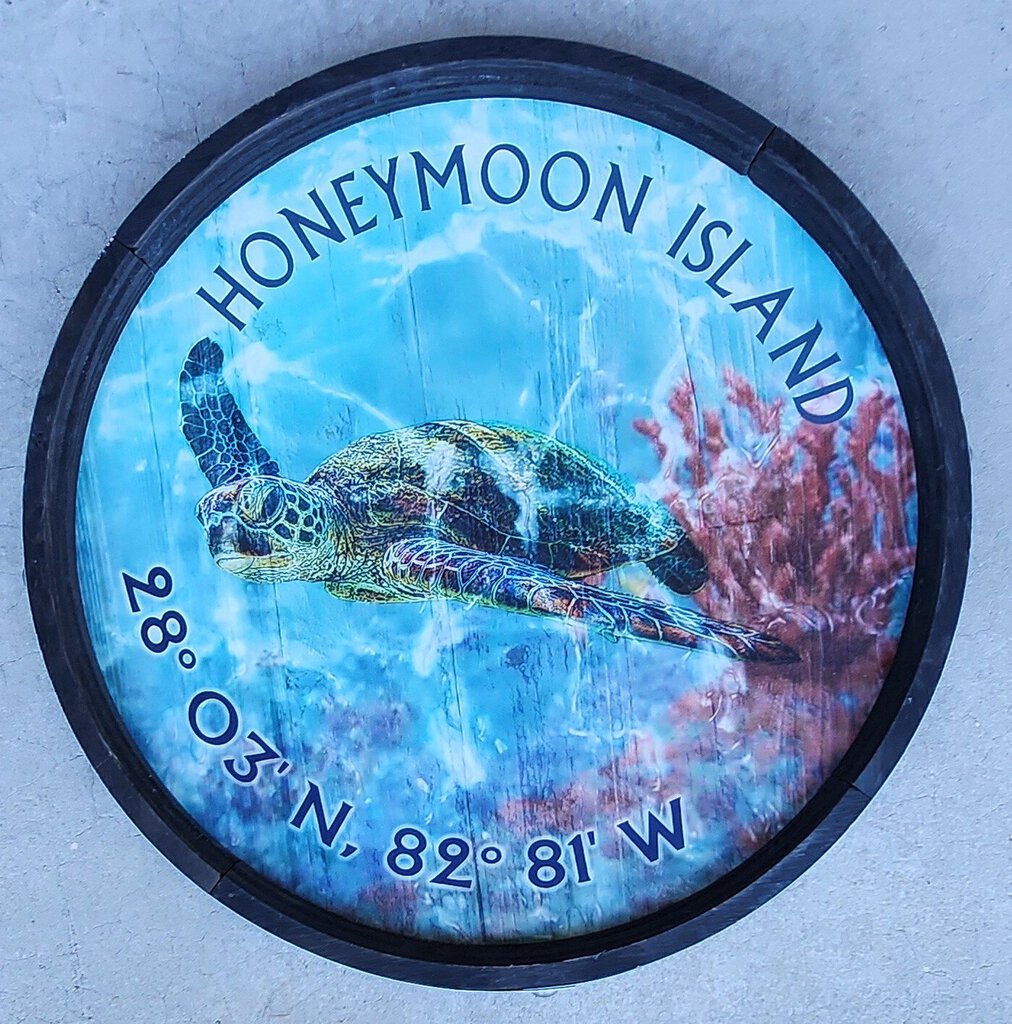 NEW Barrel End Sign - Turtle w/Coral - Honeymoon Island Latitude/Longitude - M