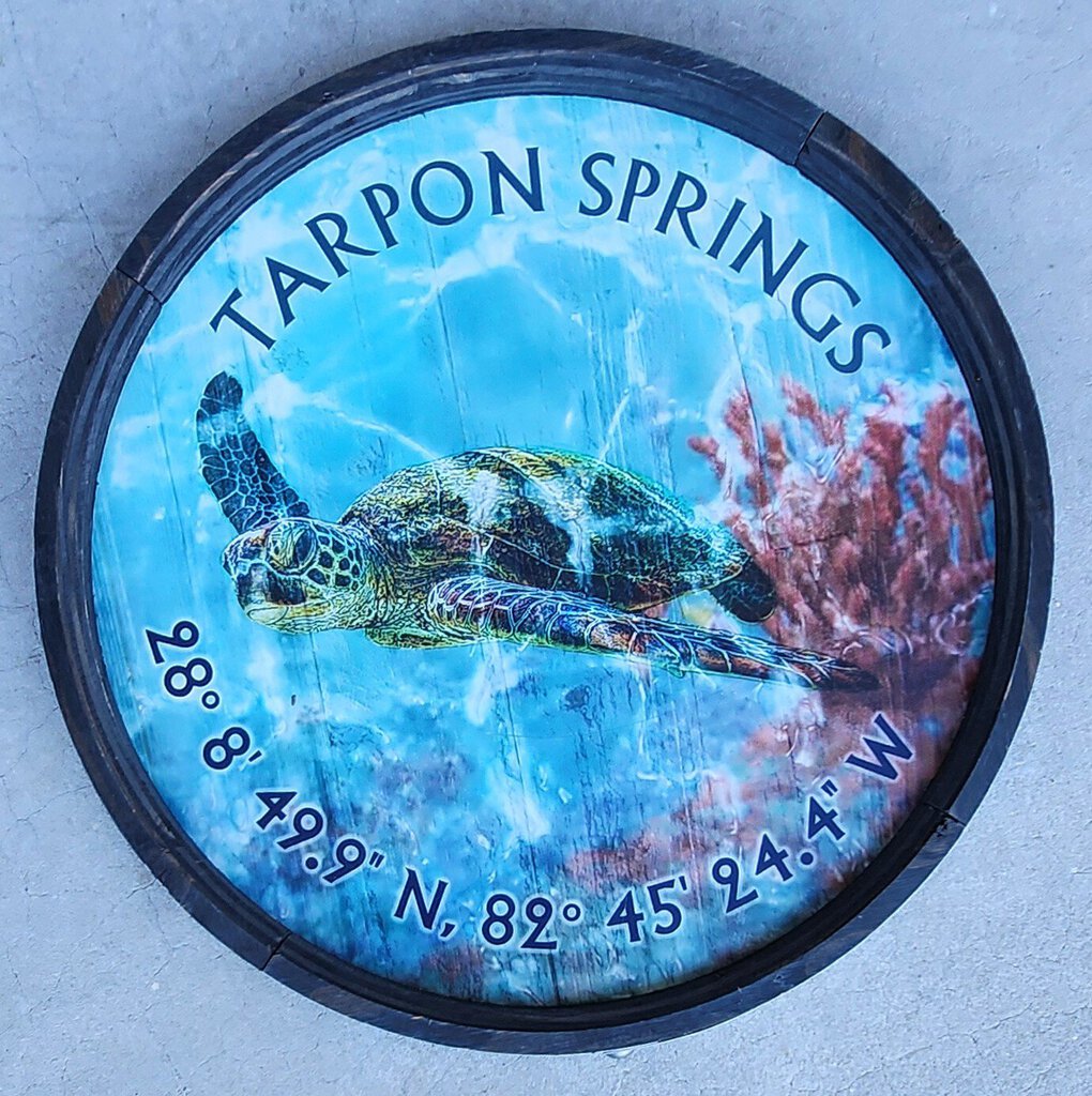 NEW Barrel End Sign - Turtle w/Coral - Tarpon Springs Latitude/Longitude - M
