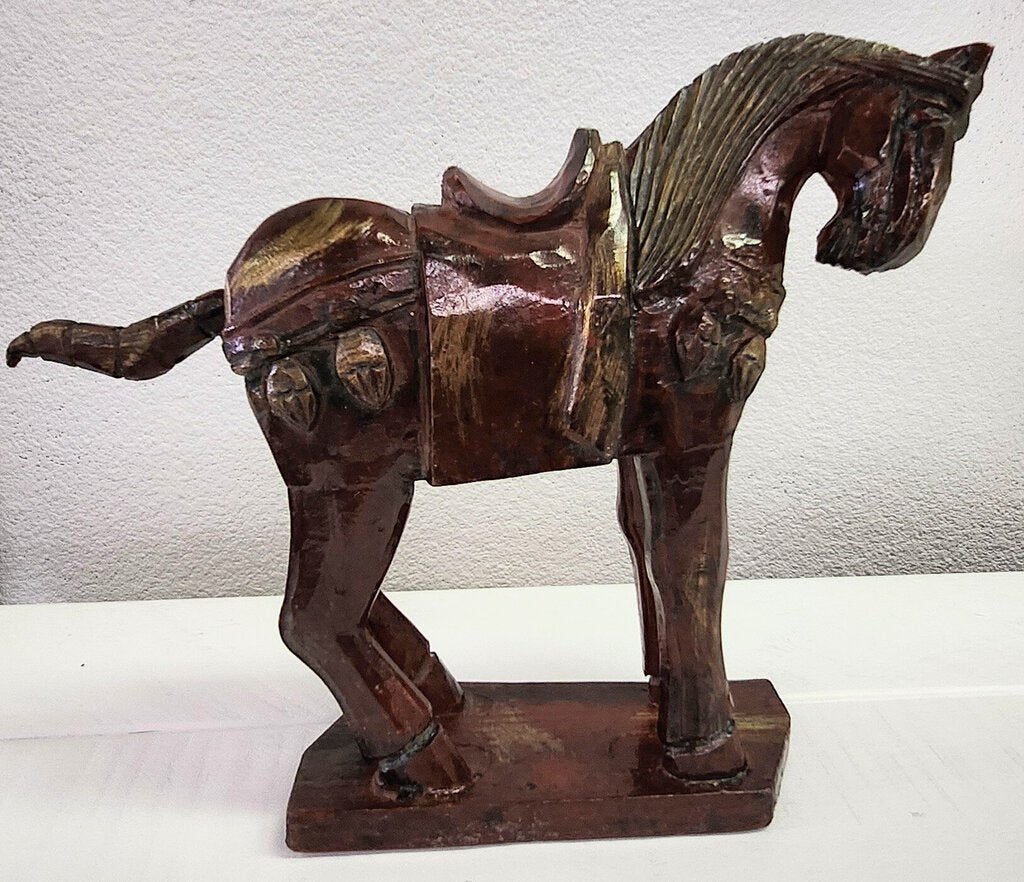 Carved Wood Chinese War Horse Figurine