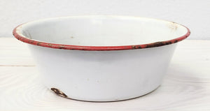 7" Vintage White and Red Enamelware Bowl