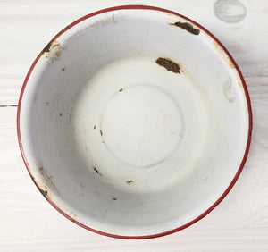7" Vintage White and Red Enamelware Bowl