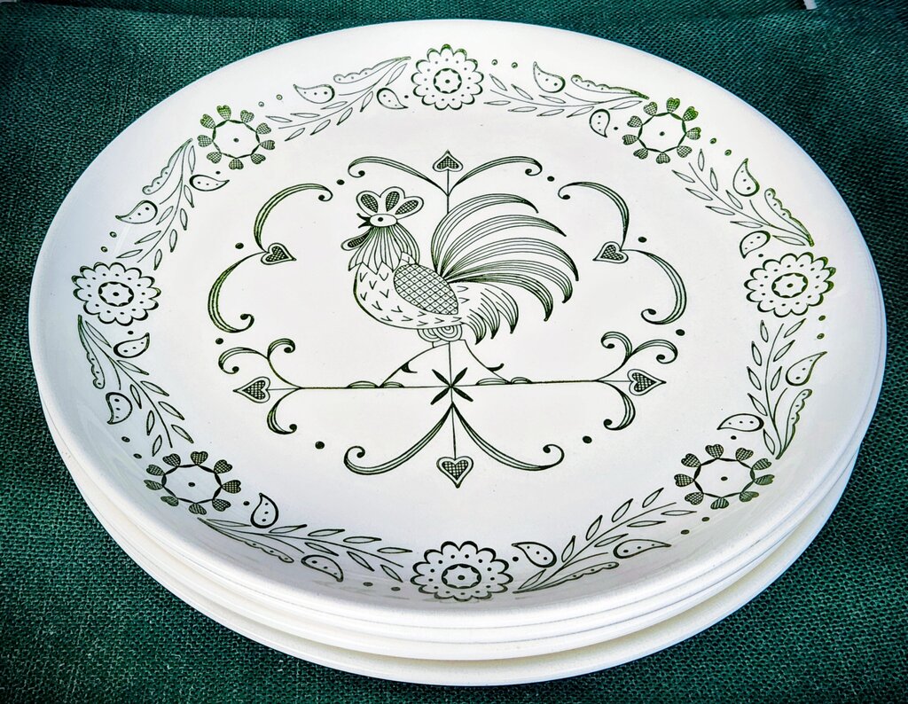 SET 4-Pc Vintage Scio Pottery Provincial Green Rooster Dinner Plates