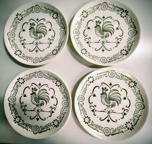 SET 4-Pc Vintage Scio Pottery Provincial Green Rooster Dinner Plates