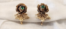 Load image into Gallery viewer, Vintage Goldtone Flower with Faux Emerald Screwback Earrings
