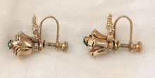 Load image into Gallery viewer, Vintage Goldtone Flower with Faux Emerald Screwback Earrings
