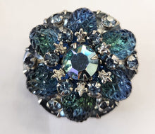 Load image into Gallery viewer, Vintage Silvertone Round Brooch - Blue Crystals
