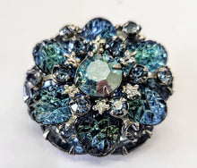 Load image into Gallery viewer, Vintage Silvertone Round Brooch - Blue Crystals
