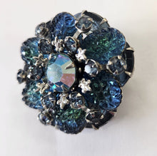 Load image into Gallery viewer, Vintage Silvertone Round Brooch - Blue Crystals
