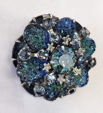 Load image into Gallery viewer, Vintage Silvertone Round Brooch - Blue Crystals
