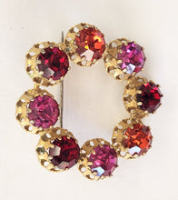 Load image into Gallery viewer, Vintage Goldtone Round Brooch - Red &amp; Purple Crystals
