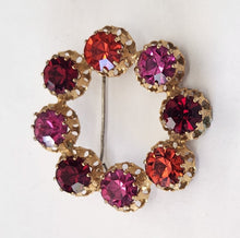 Load image into Gallery viewer, Vintage Goldtone Round Brooch - Red &amp; Purple Crystals
