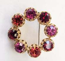 Load image into Gallery viewer, Vintage Goldtone Round Brooch - Red &amp; Purple Crystals
