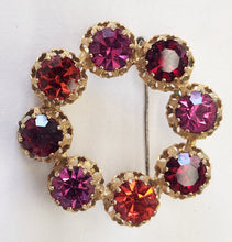 Load image into Gallery viewer, Vintage Goldtone Round Brooch - Red &amp; Purple Crystals
