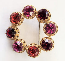 Load image into Gallery viewer, Vintage Goldtone Round Brooch - Red &amp; Purple Crystals
