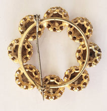 Load image into Gallery viewer, Vintage Goldtone Round Brooch - Red &amp; Purple Crystals
