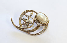 Load image into Gallery viewer, Goldtone Faux Pearl &amp; Rhinestone Brooch
