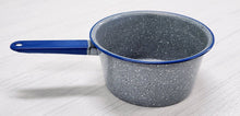 Load image into Gallery viewer, Vintage Gray Graniteware &amp; Blue Saucepan
