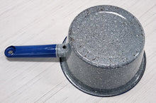 Load image into Gallery viewer, Vintage Gray Graniteware &amp; Blue Saucepan
