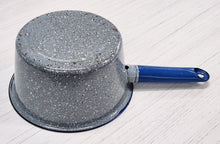 Load image into Gallery viewer, Vintage Gray Graniteware &amp; Blue Saucepan
