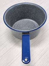 Load image into Gallery viewer, Vintage Gray Graniteware &amp; Blue Saucepan
