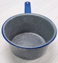 Load image into Gallery viewer, Vintage Gray Graniteware &amp; Blue Saucepan

