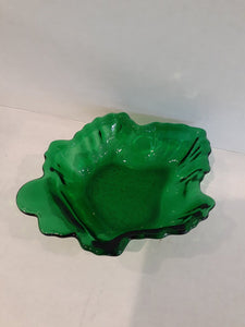 Vintage Emerald Green Glass Leaf Shaped Bowl