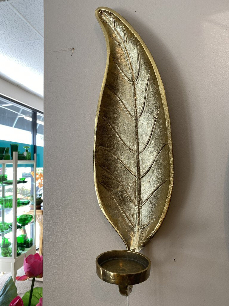 NEW 22x6 Gold Cast Aluminum Bamboo Leaf Candle Wall Sconce