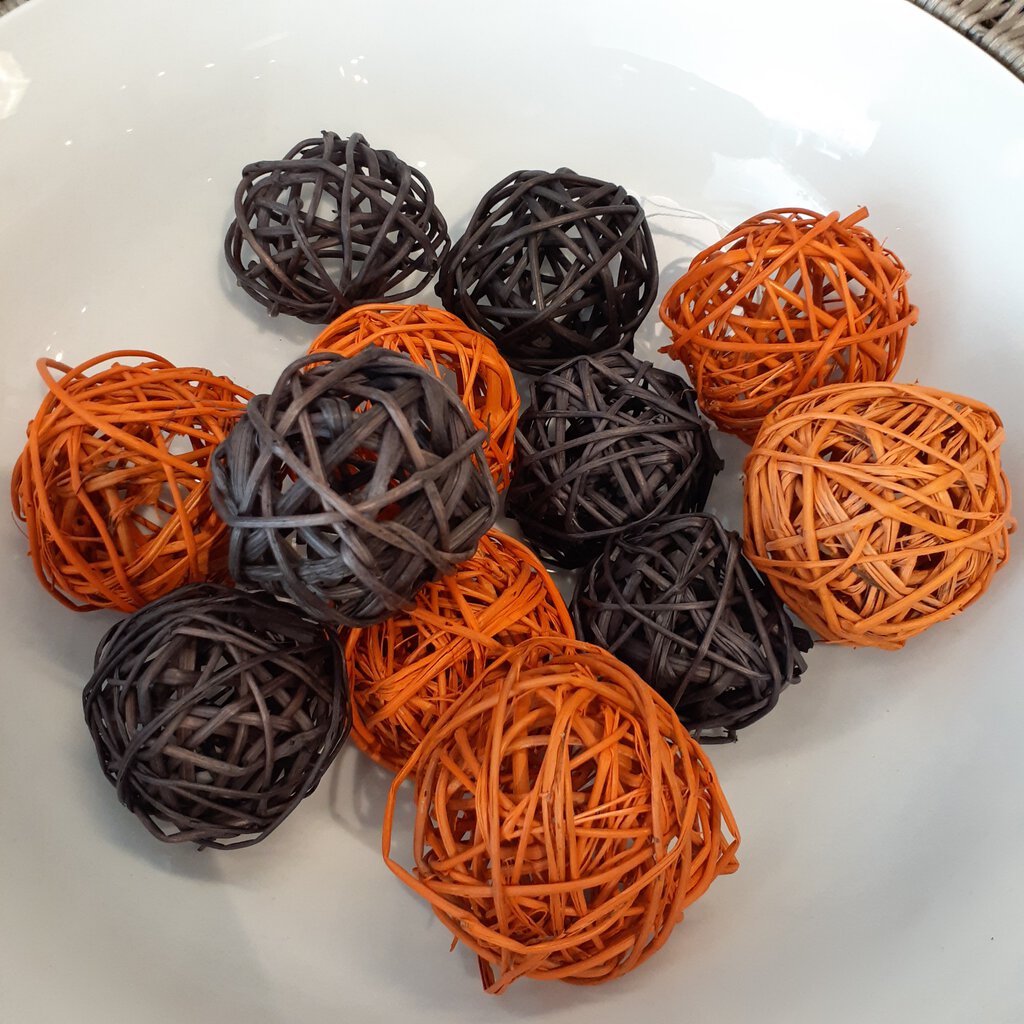 Set of 12 Black and Orange Decorative Wicker Balls