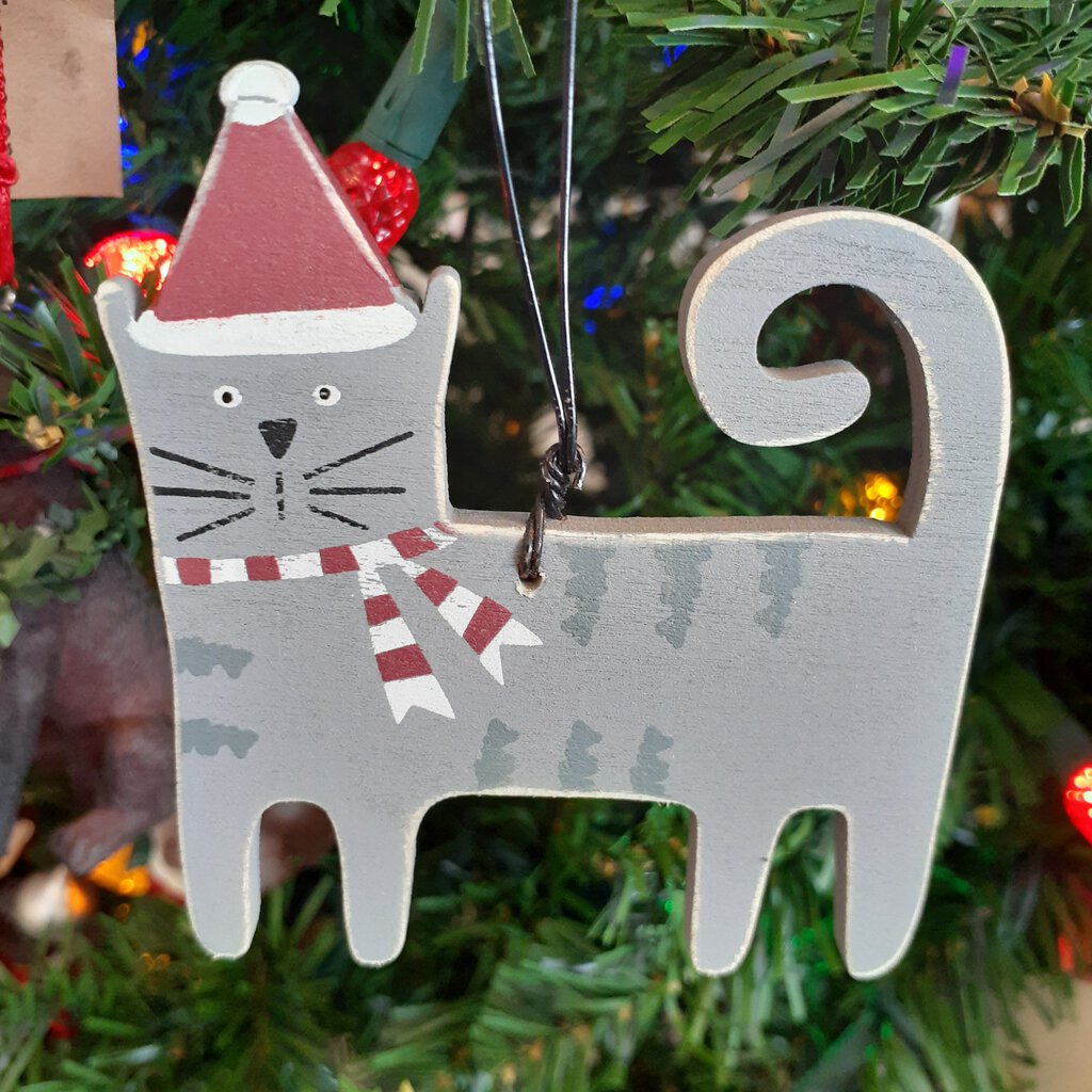 NEW Ornament - Gray Christmas Cat - 32450b