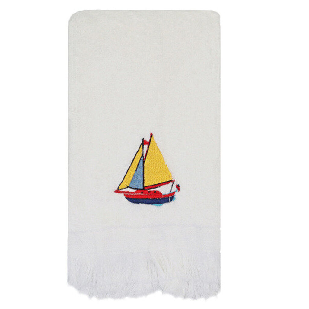 NEW Embroidered Finger Towel - White - Sailboat