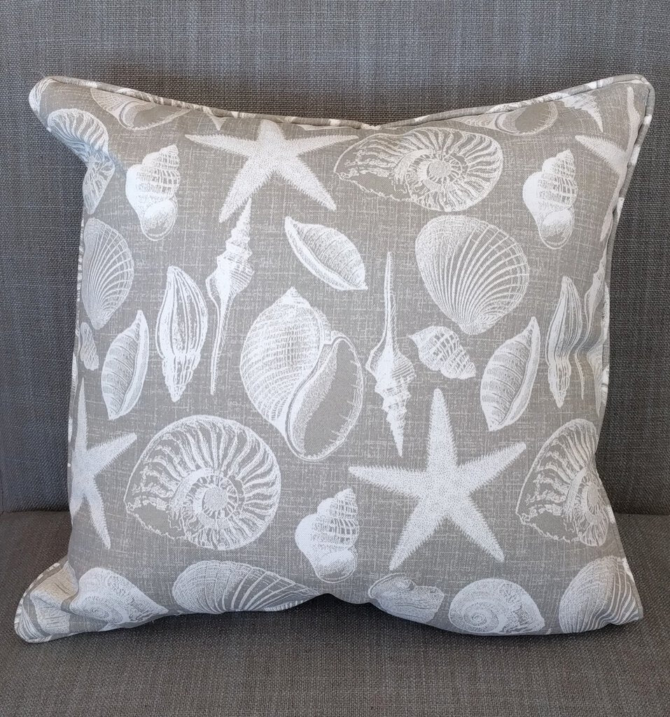 NEW 16x16 Indoor/Outdoor Pillow with Piping - Gray/White Sea Shells