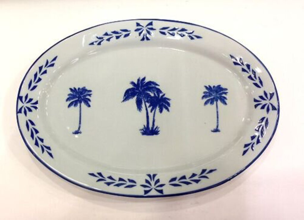 NEW Blue & White Hand-Painted Oval Platter - Palm - Made in Thailand - PLOV-R14PT