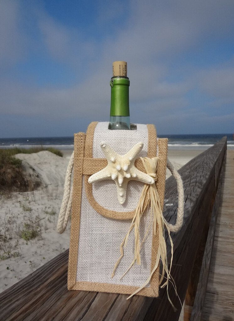 NEW Canvas Wine Bottle Bag-Single W/Flap with Starfish