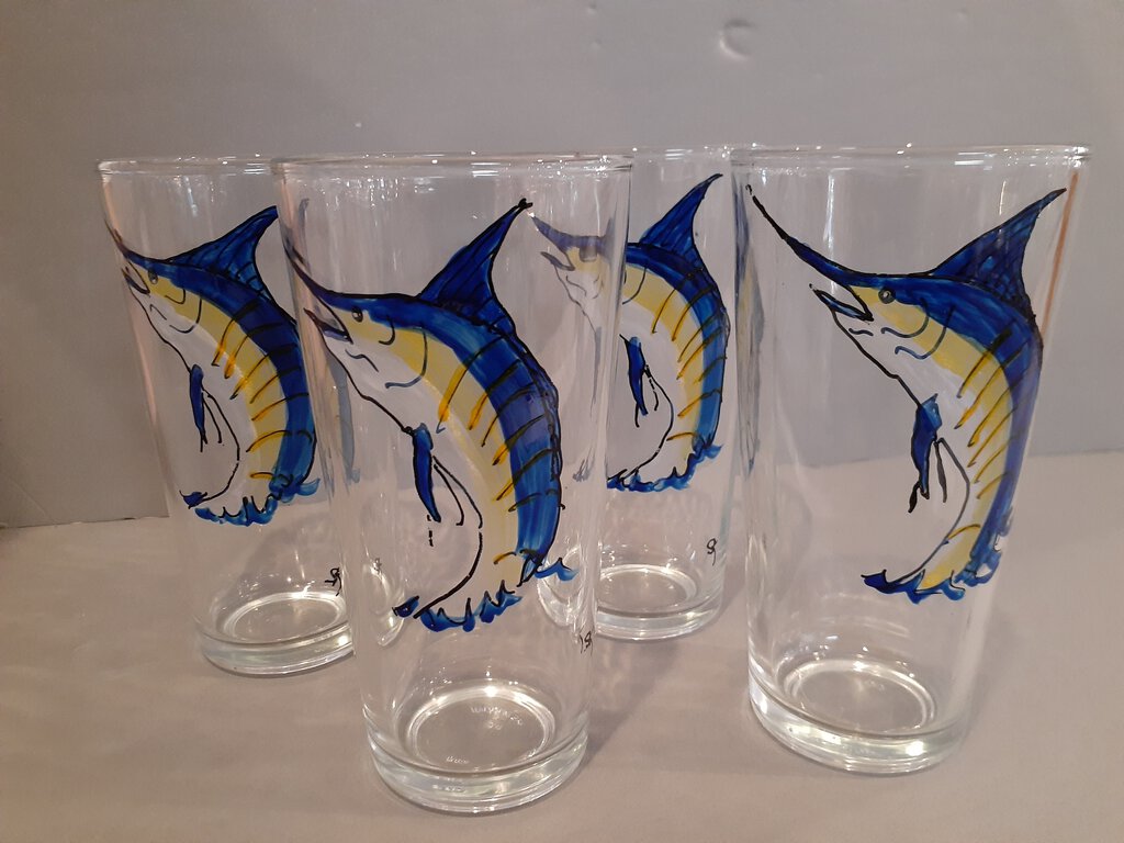 Set of 4 Hand Painted Glass Swordfish Tumblers